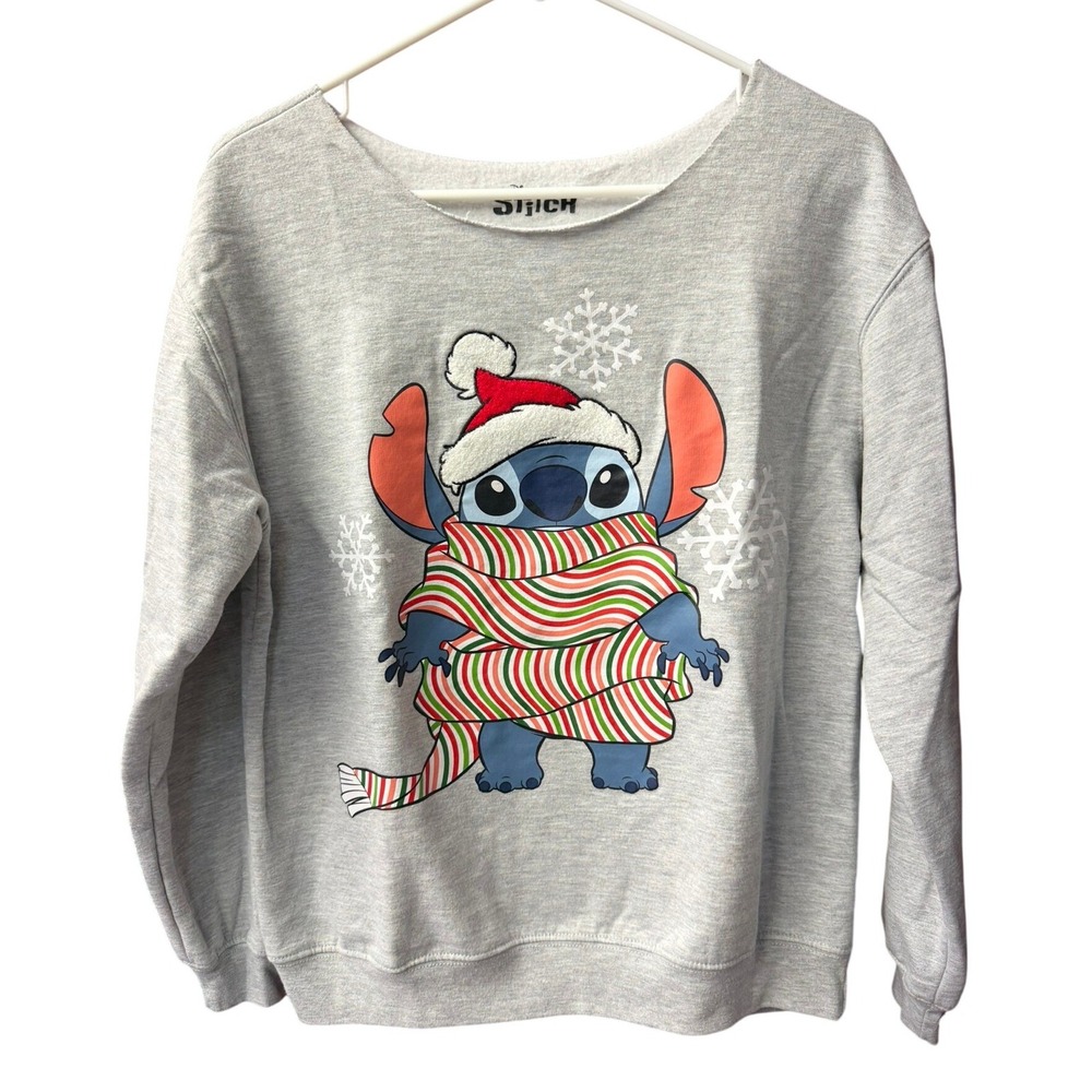 Disney Stitch Sweatshirt Womens Medium Gray Christmas Holiday Scarf Santa Hat